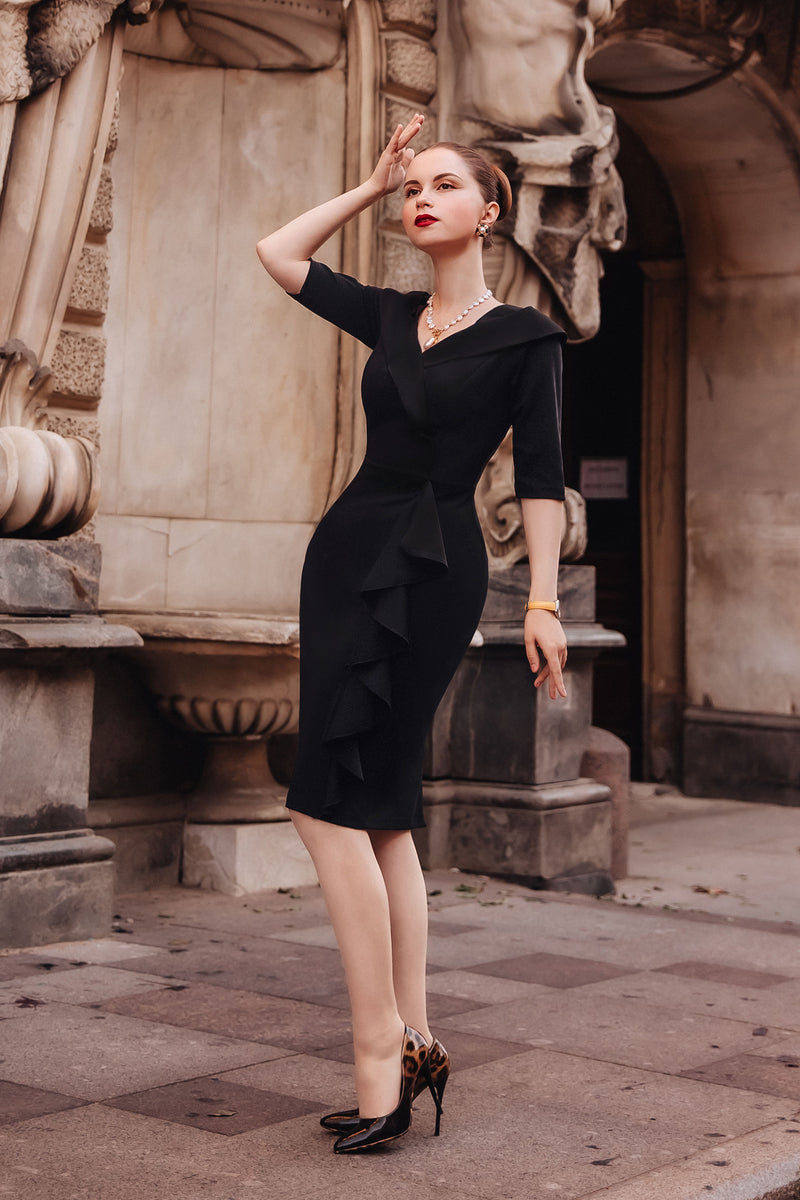 black dress 3 4 sleeve v neck Women's Vintage V-Neck 3/4 Ruffle Cocktail Formal Pencil black mother of the groom dresses