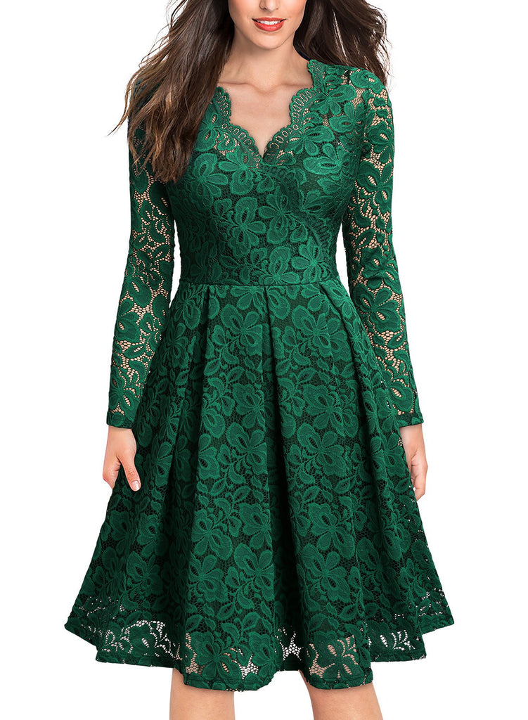 Floral Lace 2/3 Sleeves Swing Dress - Aisize - New Vintage Simplified Design