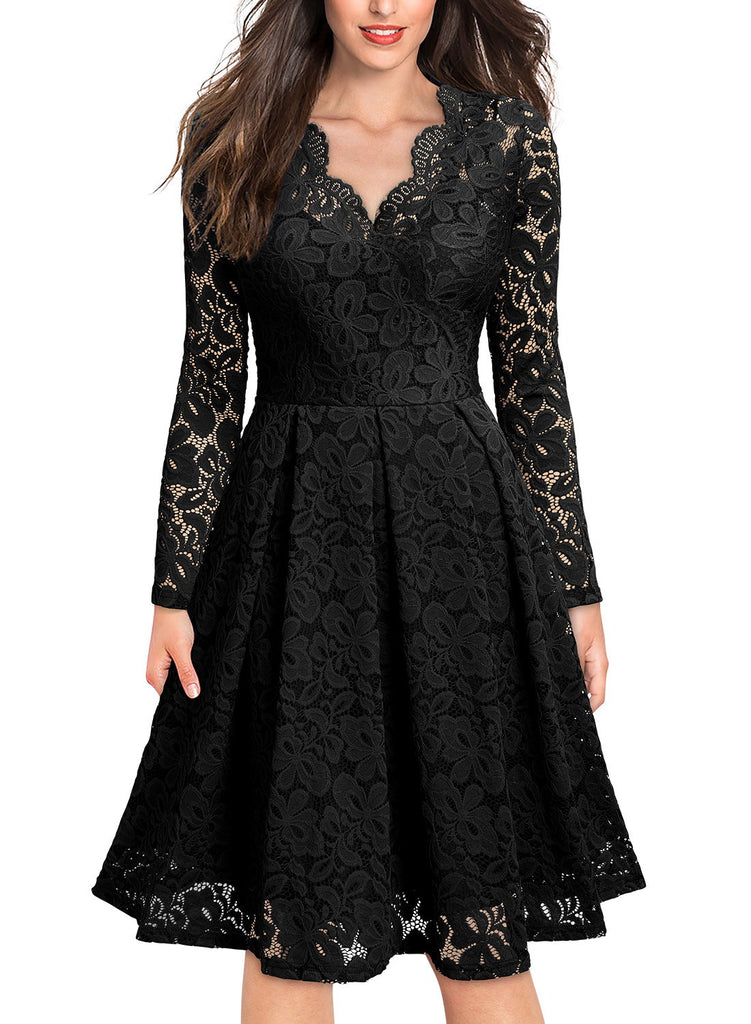 Floral Lace 2/3 Sleeves Swing Dress - Aisize - New Vintage Simplified Design