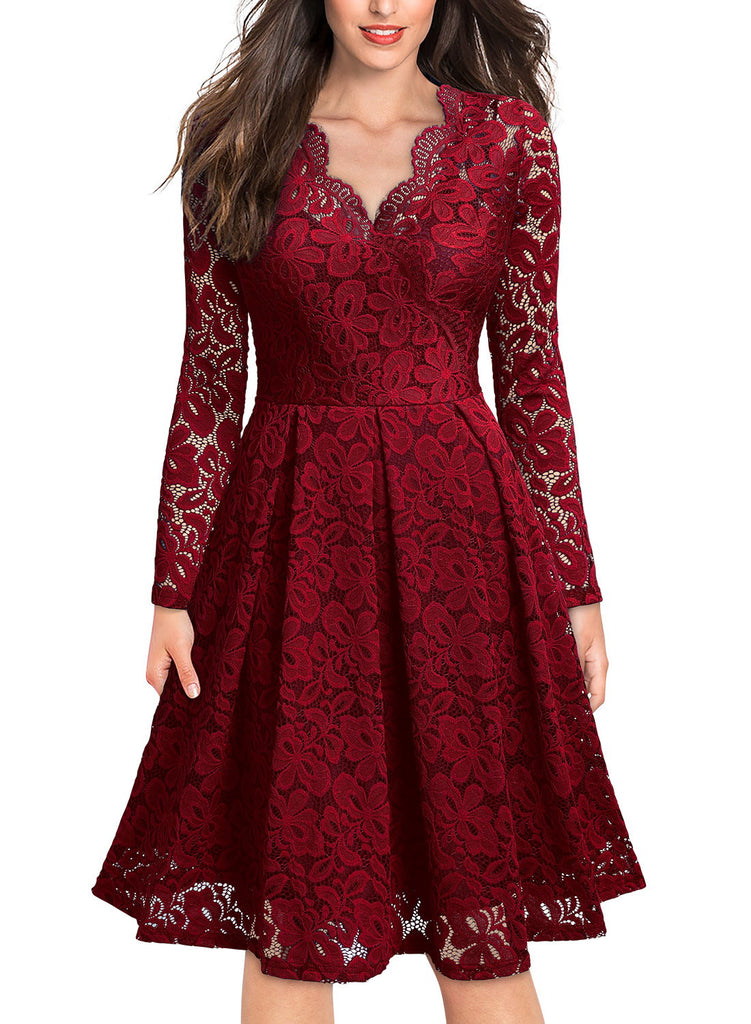 Floral Lace 2/3 Sleeves Swing Dress - Aisize - New Vintage Simplified Design