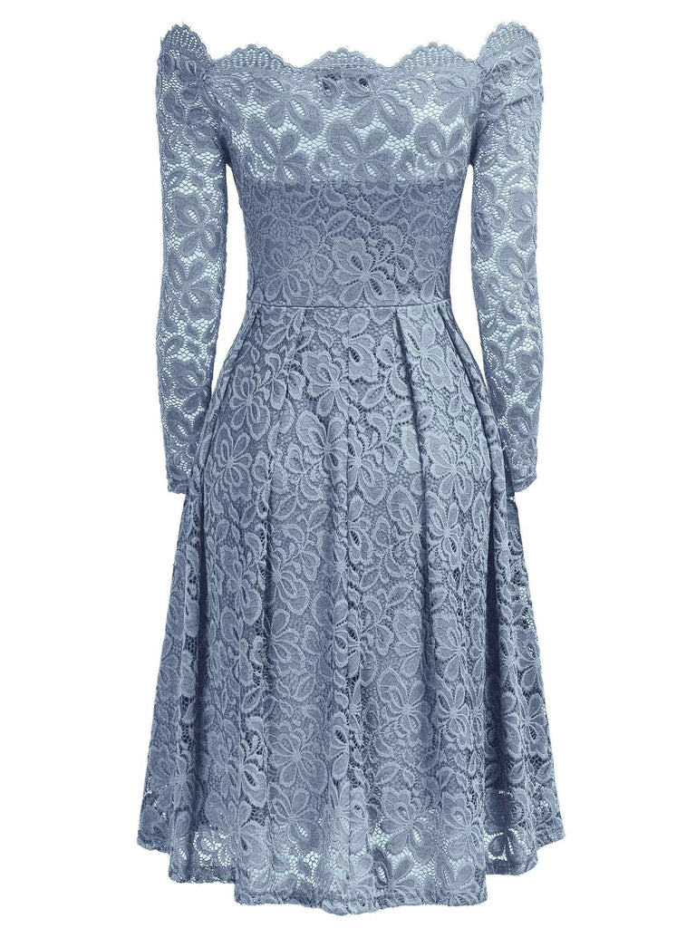 Off-Shoulder Long Sleeve Lace Dress - Aisize - New Vintage Simplified Design
