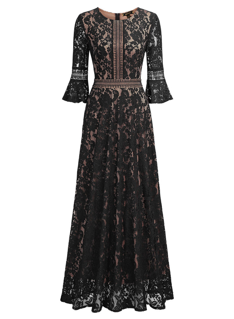 Full Lace Bell Sleeve Long Dress - Aisize - New Vintage Simplified Design