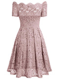 Lace Short Sleeve Boat Neck Swing Dress - Aisize - New Vintage Simplified Design