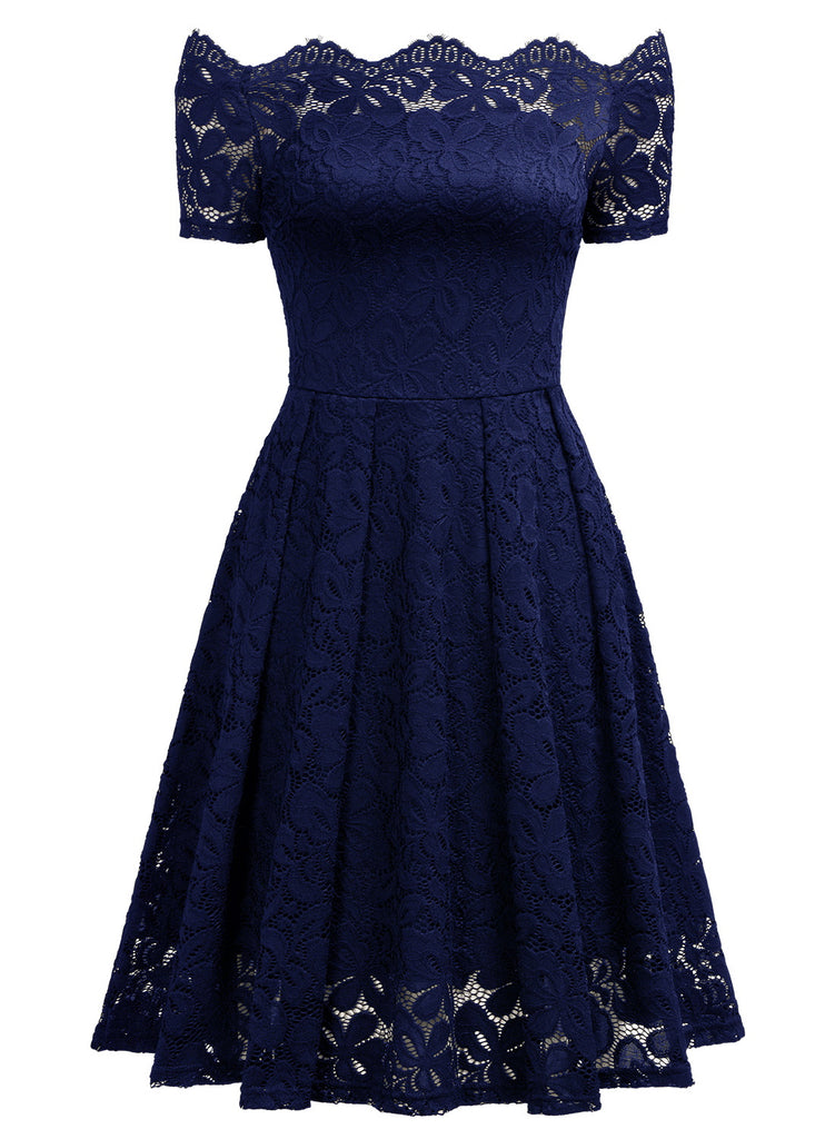 Lace Short Sleeve Boat Neck Swing Dress Aisize Lace Short Sleeve Boat Neck Swing Dress Aisize