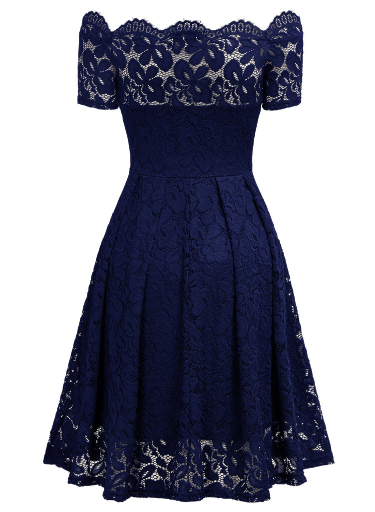 Lace Short Sleeve Boat Neck Swing Dress Aisize Lace Short Sleeve Boat Neck Swing Dress Aisize