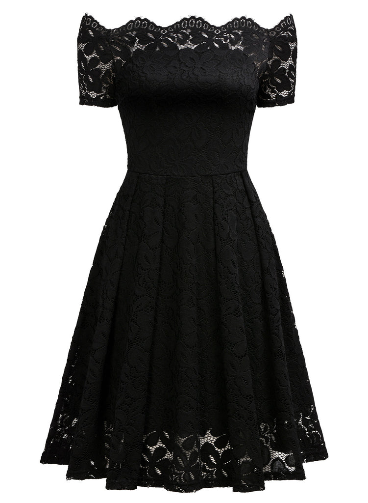 Lace Short Sleeve Boat Neck Swing Dress Aisize Lace Short Sleeve Boat Neck Swing Dress Aisize