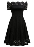 Lace Short Sleeve Boat Neck Swing Dress - Aisize - New Vintage Simplified Design