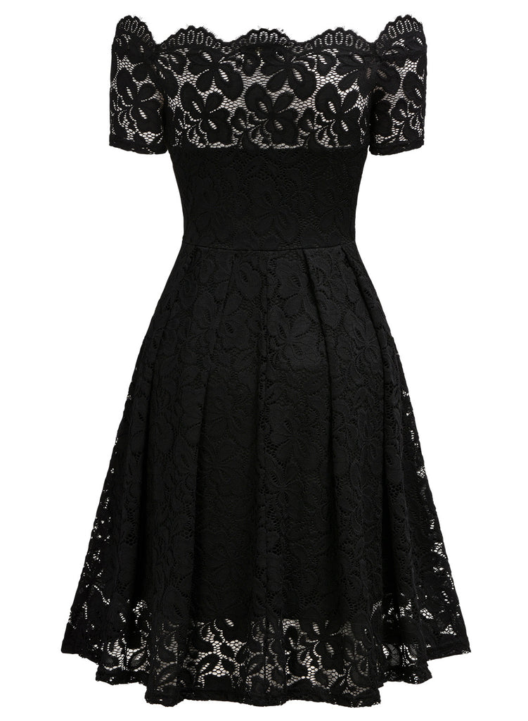 Lace Short Sleeve Boat Neck Swing Dress Aisize Lace Short Sleeve Boat Neck Swing Dress Aisize