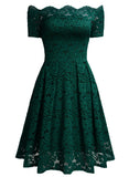 Lace Short Sleeve Boat Neck Swing Dress - Aisize - New Vintage Simplified Design