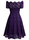 Lace Short Sleeve Boat Neck Swing Dress - Aisize - New Vintage Simplified Design