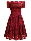 Lace Short Sleeve Boat Neck Swing Dress - Aisize - New Vintage Simplified Design