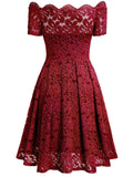 Lace Short Sleeve Boat Neck Swing Dress - Aisize - New Vintage Simplified Design