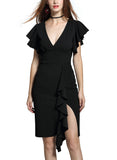 Women's Deep-V Neck Ruffle Sleeves Cocktail Party Dress - Aisize - New Vintage Simplified Design