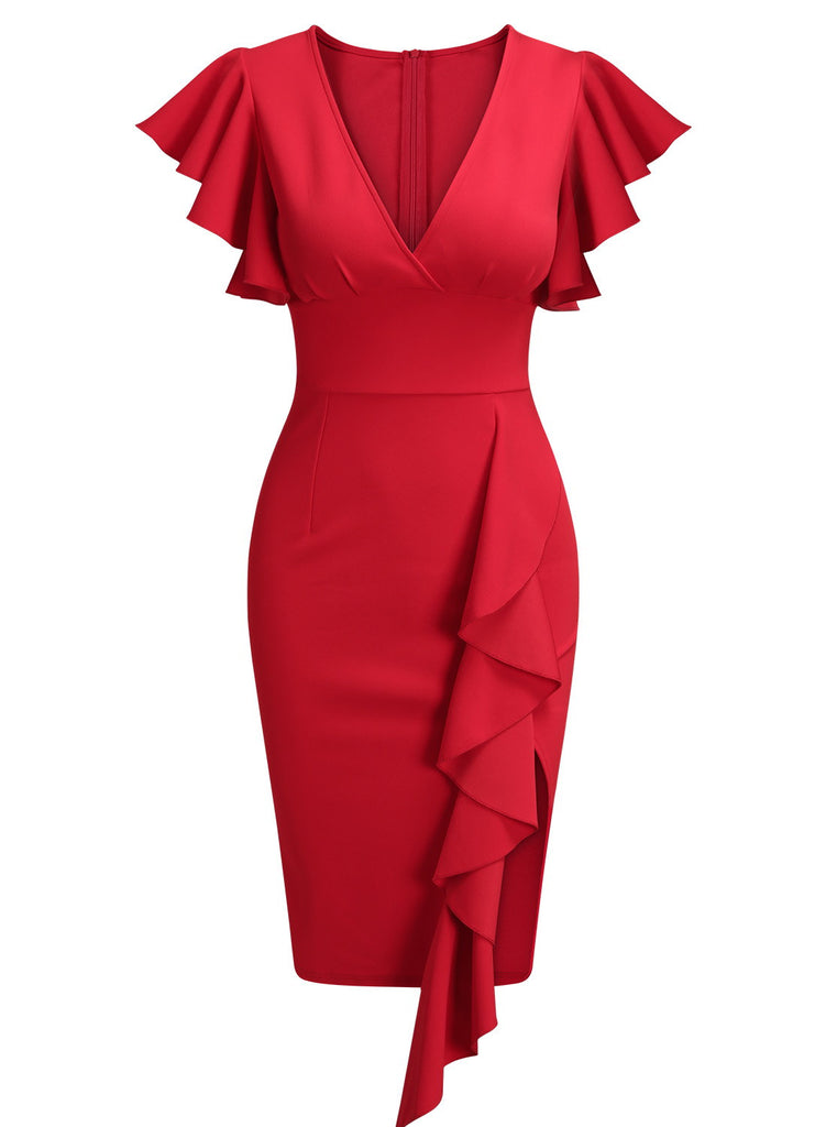 Women's Deep-V Neck Ruffle Sleeves Cocktail Party Dress Aisize Women's Deep-V Neck Ruffle Sleeves Cocktail Party Dress Aisize