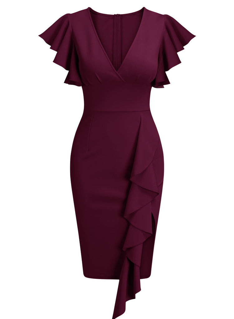Women's Deep-V Neck Ruffle Sleeves Cocktail Party Dress Aisize Women's Deep-V Neck Ruffle Sleeves Cocktail Party Dress Aisize