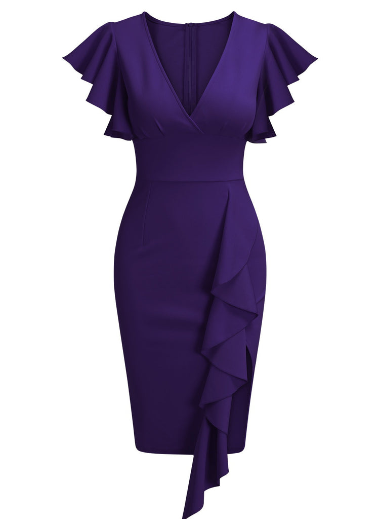 Women's Deep-V Neck Ruffle Sleeves Cocktail Party Dress Aisize Women's Deep-V Neck Ruffle Sleeves Cocktail Party Dress Aisize