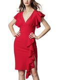 Women's Deep-V Neck Ruffle Sleeves Cocktail Party Dress - Aisize - New Vintage Simplified Design