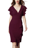 Women's Deep-V Neck Ruffle Sleeves Cocktail Party Dress - Aisize - New Vintage Simplified Design