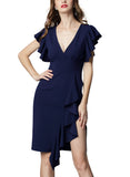 Women's Deep-V Neck Ruffle Sleeves Cocktail Party Dress - Aisize - New Vintage Simplified Design