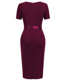 Women's Retro Crew Neck Ruffle Ruched Flattering Business Sheath Dress