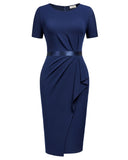 Women's Retro Crew Neck Ruffle Ruched Flattering Business Sheath Dress