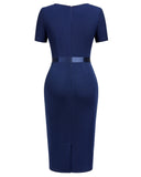 Women's Retro Crew Neck Ruffle Ruched Flattering Business Sheath Dress