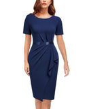 Women's Retro Crew Neck Ruffle Ruched Flattering Business Sheath Dress