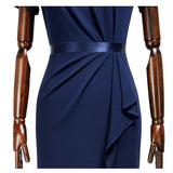 Women's Retro Crew Neck Ruffle Ruched Flattering Business Sheath Dress