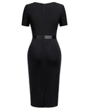 Women's Retro Crew Neck Ruffle Ruched Flattering Business Sheath Dress