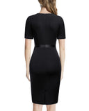 Women's Retro Crew Neck Ruffle Ruched Flattering Business Sheath Dress