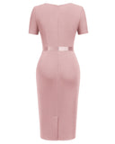 Women's Retro Crew Neck Ruffle Ruched Flattering Business Sheath Dress
