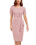 Women's Retro Crew Neck Ruffle Ruched Flattering Business Sheath Dress