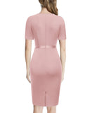 Women's Retro Crew Neck Ruffle Ruched Flattering Business Sheath Dress