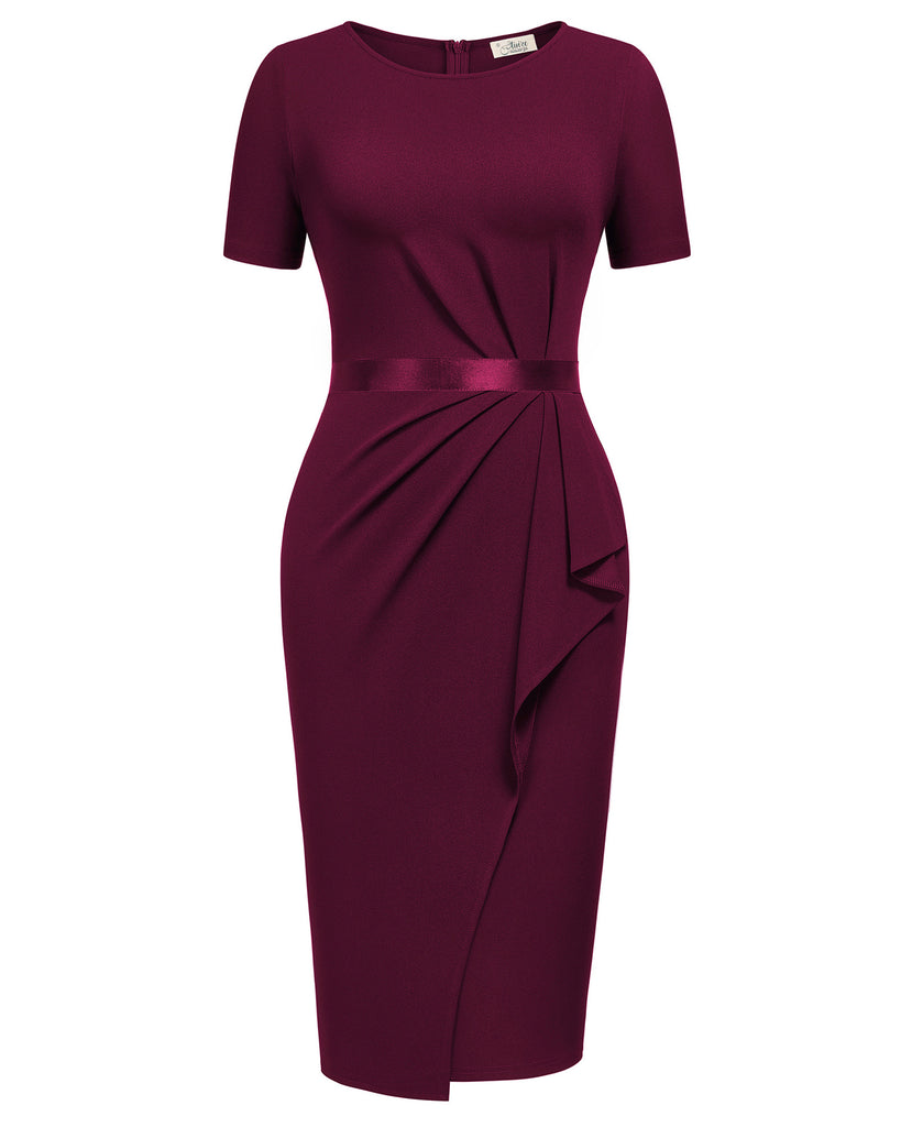Women's Retro Crew Neck Ruffle Ruched Flattering Business Sheath Dress – Aisize