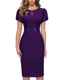 Women's Elegant Puff Sleeves Keyhole Neck Cocktail Party Pencil Dress