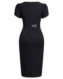 Women's Elegant Puff Sleeves Keyhole Neck Cocktail Party Pencil Dress