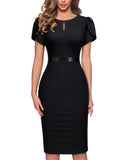 Women's Elegant Puff Sleeves Keyhole Neck Cocktail Party Pencil Dress