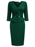 Women's 1950S V-Neck 3/4 Sleeve Ruffle Design Cocktail Pencil Dress