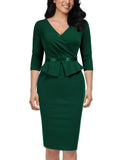 Women's 1950S V-Neck 3/4 Sleeve Ruffle Design Cocktail Pencil Dress