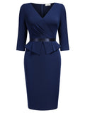 Women's 1950S V-Neck 3/4 Sleeve Ruffle Design Cocktail Pencil Dress