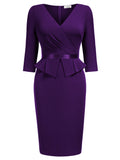 Women's 1950S V-Neck 3/4 Sleeve Ruffle Design Cocktail Pencil Dress