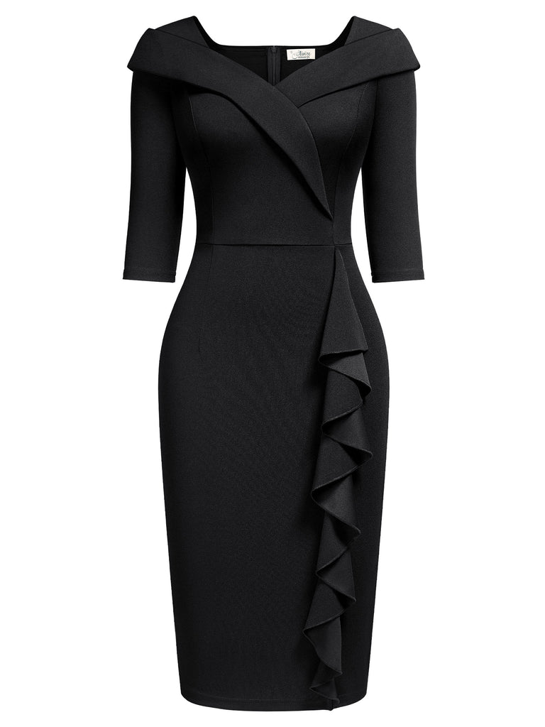 Women's Vintage V-Neck 3/4 Sleeve Ruffle Cocktail Formal Pencil Dress Aisize Women's Vintage V-Neck 3/4 Sleeve Ruffle Cocktail Formal Pencil Dress Aisize