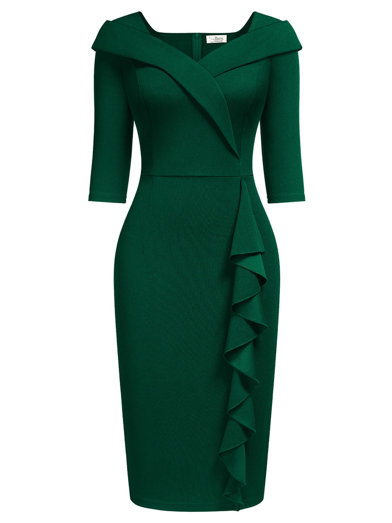 Women's Vintage V-Neck 3/4 Sleeve Ruffle Cocktail Formal Pencil Dress Aisize Women's Vintage V-Neck 3/4 Sleeve Ruffle Cocktail Formal Pencil Dress Aisize