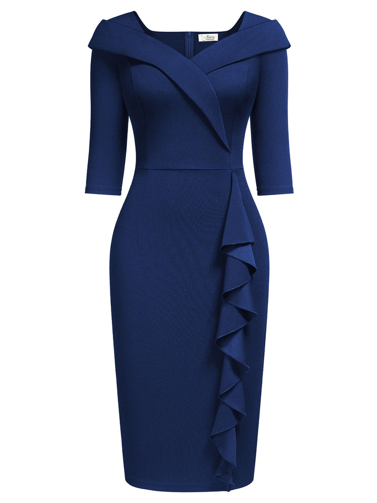 Women's Vintage V-Neck 3/4 Sleeve Ruffle Cocktail Formal Pencil Dress Aisize Women's Vintage V-Neck 3/4 Sleeve Ruffle Cocktail Formal Pencil Dress Aisize