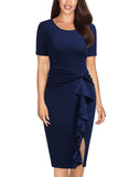 Ruffle Draped Cocktail Knee Dress - Aisize - New Vintage Simplified Design