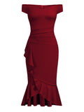 Off Shoulder Ruffle Pleat Waist Cocktail Dress - Aisize - New Vintage Simplified Design
