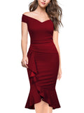Off Shoulder Ruffle Pleat Waist Cocktail Dress - Aisize - New Vintage Simplified Design