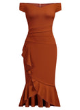 Off Shoulder Ruffle Pleat Waist Cocktail Dress - Aisize - New Vintage Simplified Design