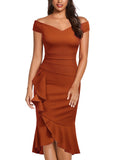 Off Shoulder Ruffle Pleat Waist Cocktail Dress - Aisize - New Vintage Simplified Design