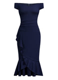 Off Shoulder Ruffle Pleat Waist Cocktail Dress - Aisize - New Vintage Simplified Design
